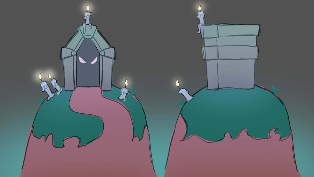 Environment concept: hills with a chapel and tombstones