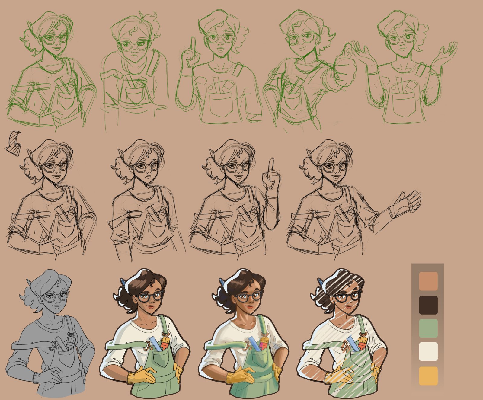 Mariana, character concept: rough sketches, clean lines, grey values and final colour with palette