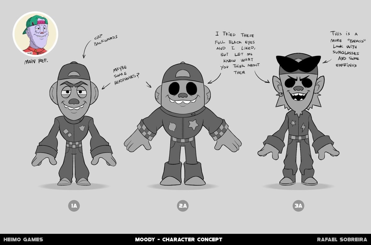 Moody Madness character concept sketches with notes