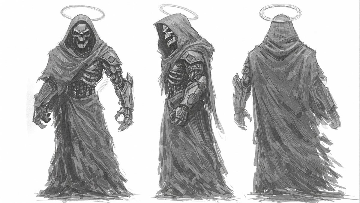 Reaper character concept in three views